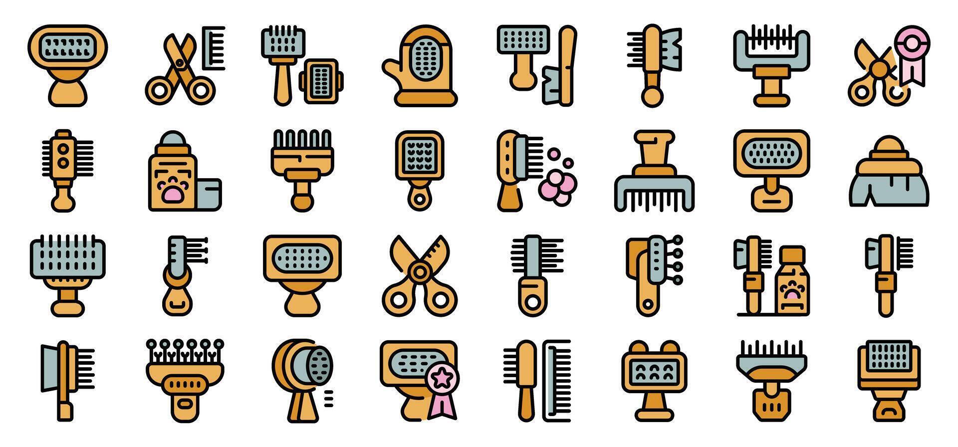 Collection of colorful linear icons representing various tools and equipment used for pet grooming vector