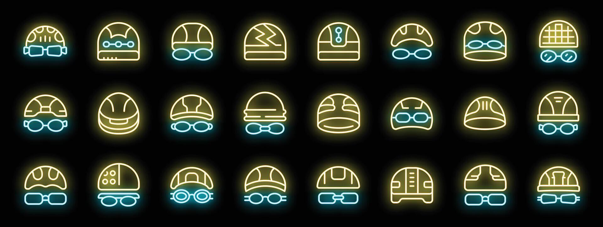 Set of swimming caps and goggles neon icons glowing on a black background vector