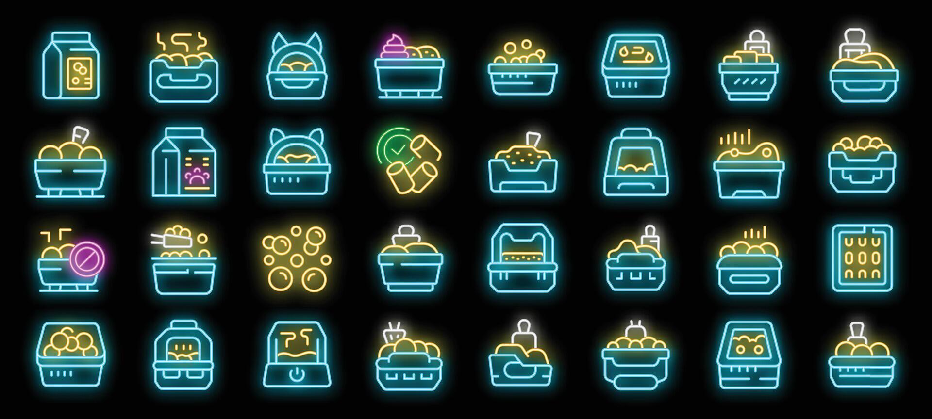Set of bright glowing cat litter box icons with editable stroke vector