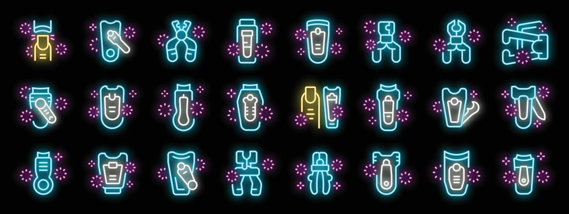 Set of neon icons with different types of multitools for hiking, camping and tourism on a dark background vector