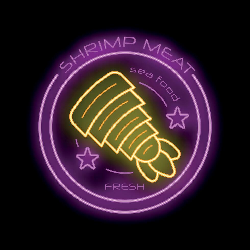 Neon sign for fresh shrimp meat with stars and round frame vector