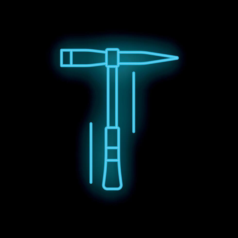 Blue neon sign showing a pickaxe falling down on black background vector