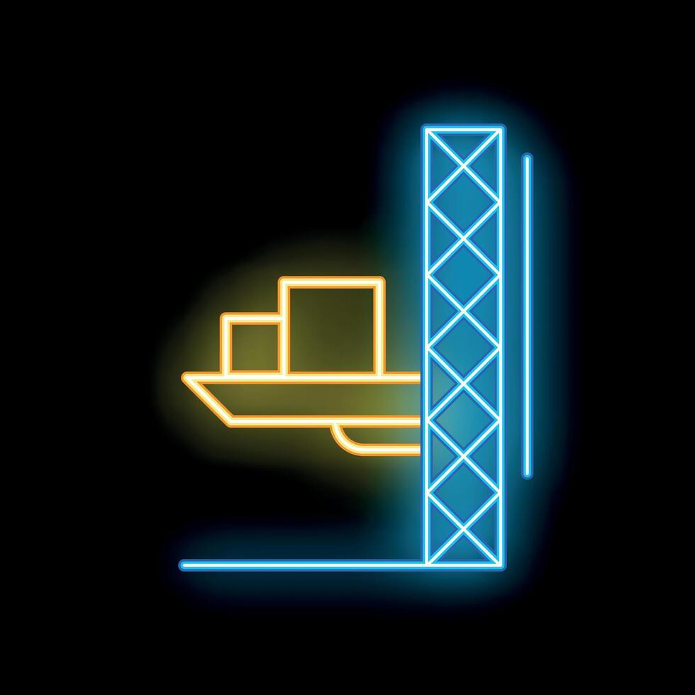 Neon sign of cargo crane lifting container at port terminal at night vector