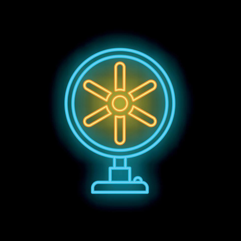 Bright neon sign of a fan is glowing on a black background vector