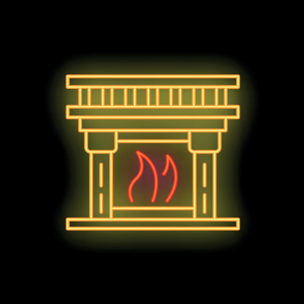 Neon fireplace burning with yellow flames on black brick wall background vector