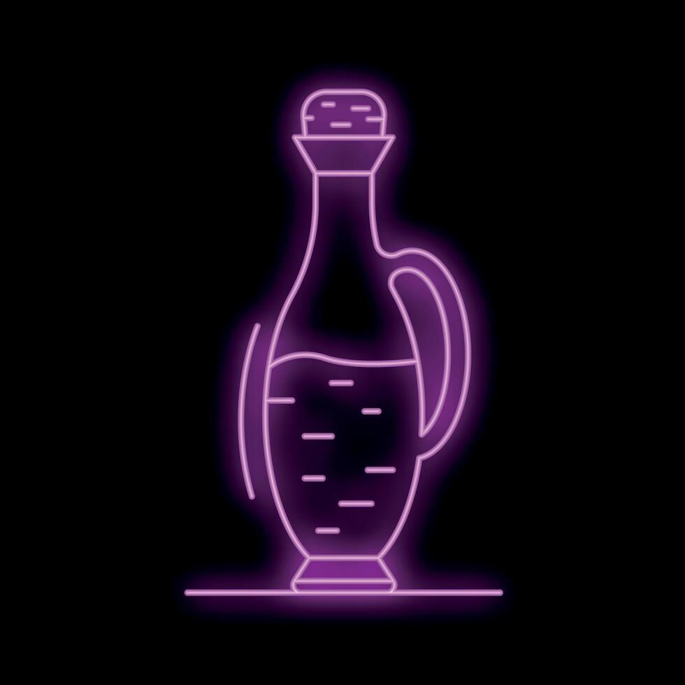 Glowing neon sign depicting a bottle of olive oil with a cork on a black background vector