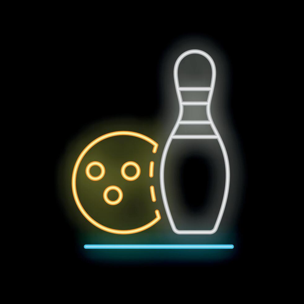 Neon sign representing bowling ball aiming at a pin on black background vector