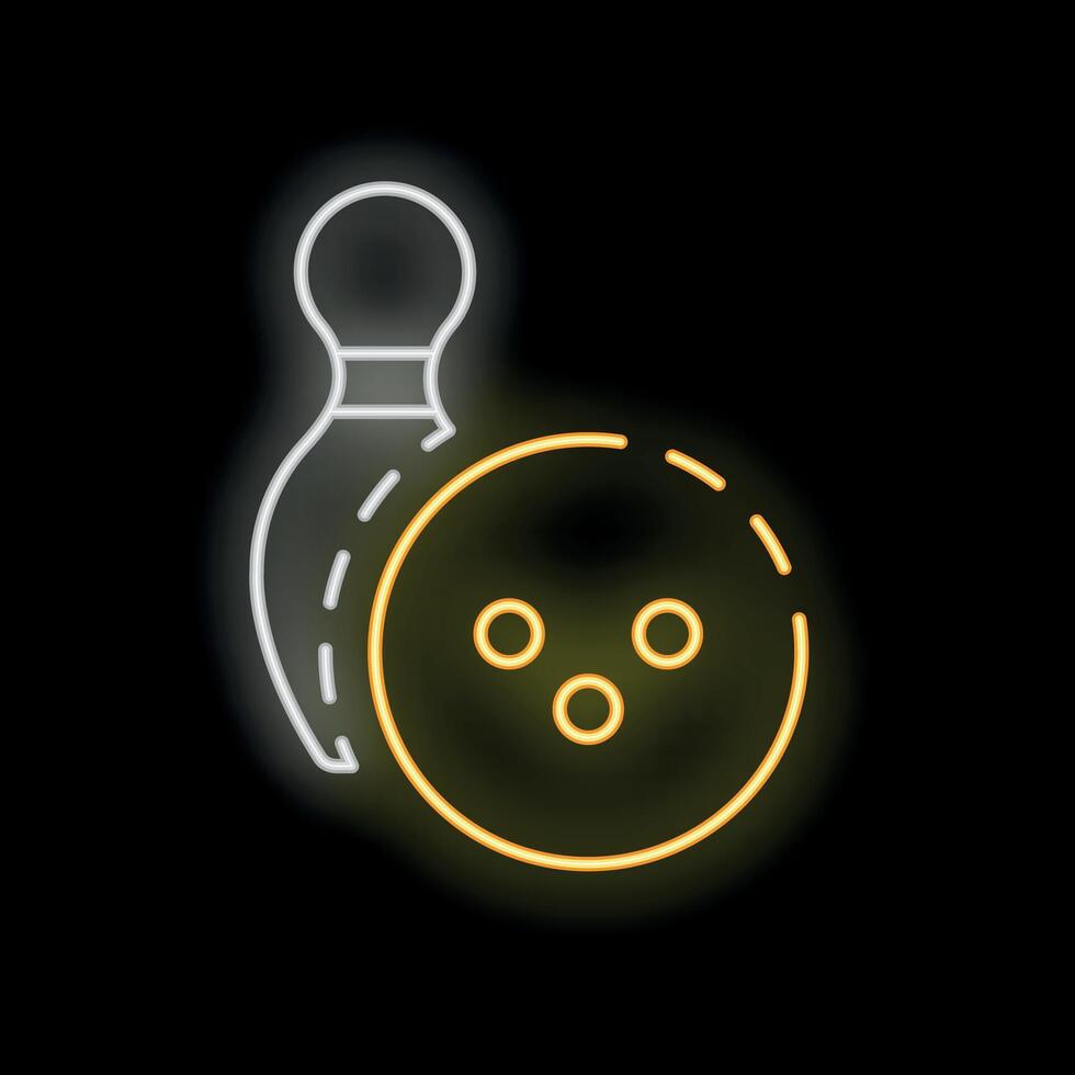 Neon icon of bowling ball and pin glowing on black background vector