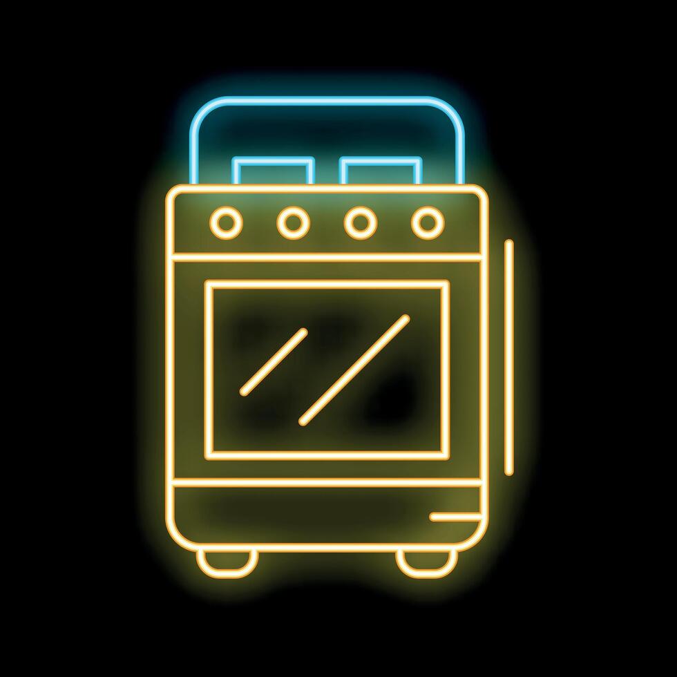 Neon icon of stove with oven shining on black background vector