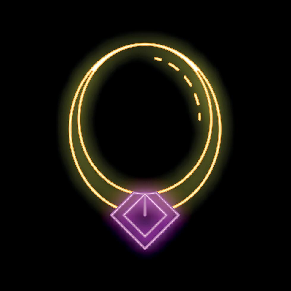 Golden neon necklace with a purple gem is glowing on a black background vector