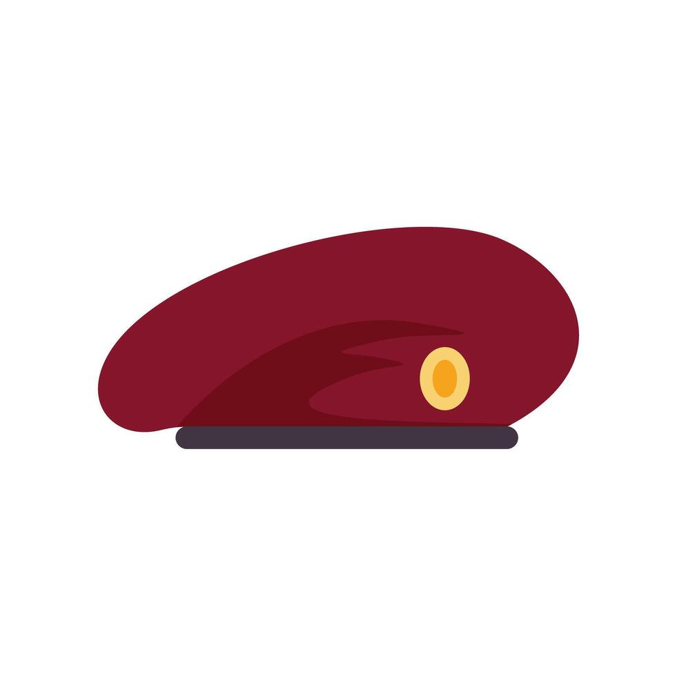 Maroon beret with a yellow metal cockade laying on white background vector