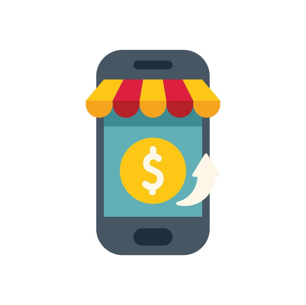 Mobile phone showing increasing dollar sign with awning, concept of growing online business vector