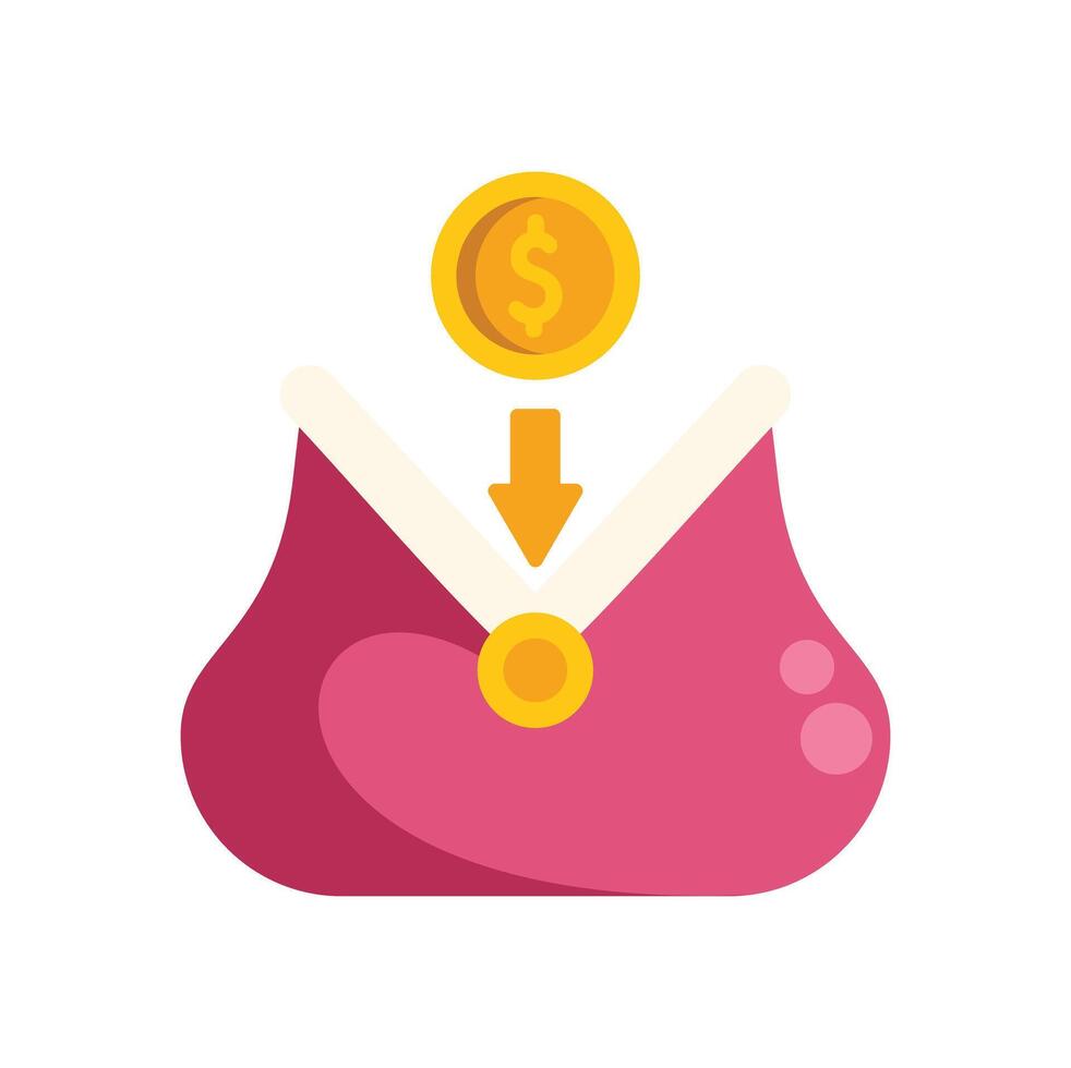 Golden coin falling down into open pink change purse vector