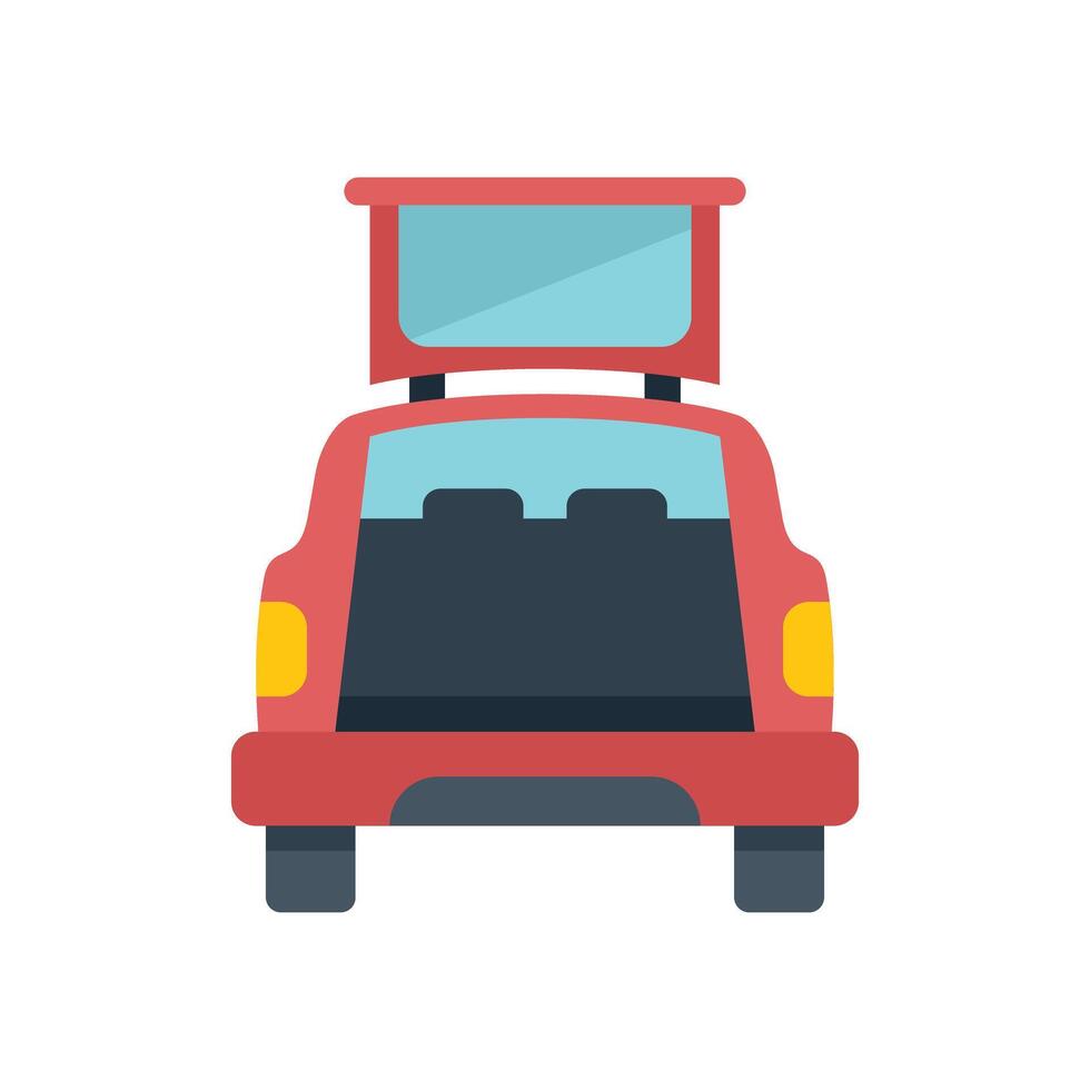 Red car with open trunk and empty roof rack parked back view vector