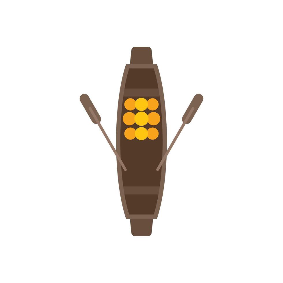 Wooden rowing boat with oars top view carrying golden cargo vector