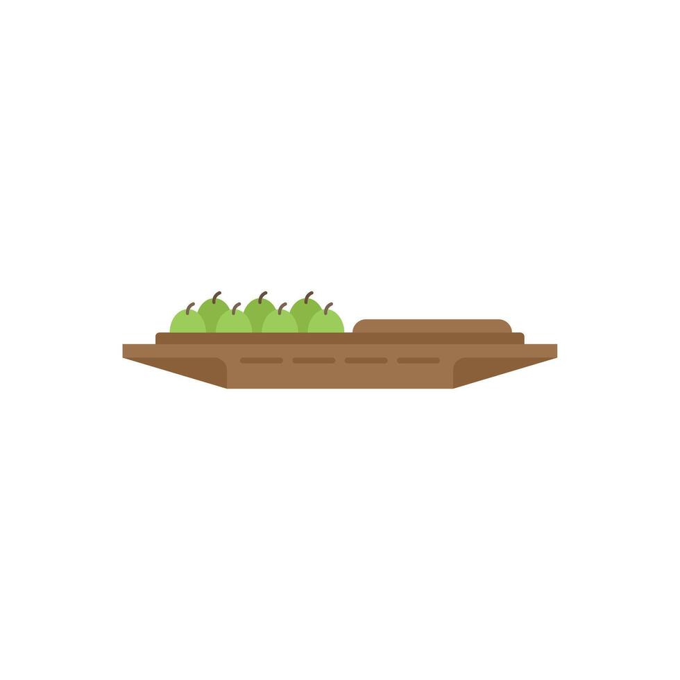 Wooden market stall displaying fresh green apples and loaf of bread vector