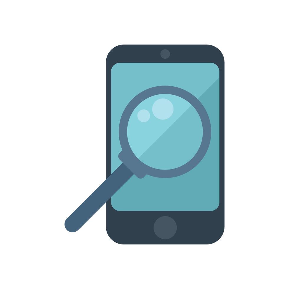 Magnifying glass overlaying smartphone screen searching for information vector