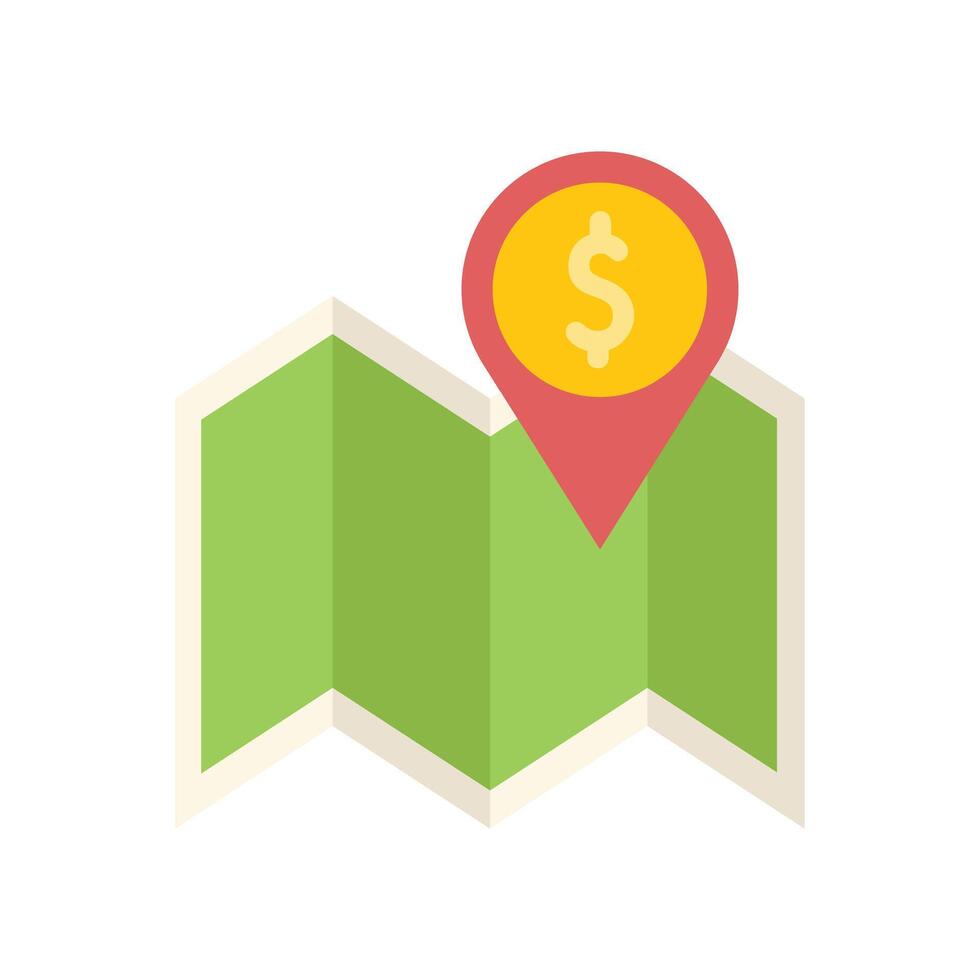 Green folded map with red location pin pointing at dollar sign vector