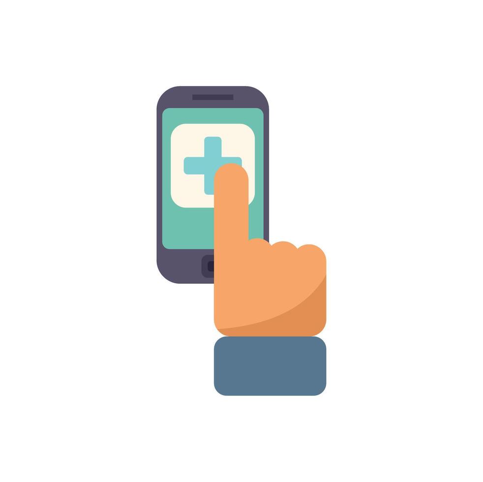 Hand pointing at plus sign on smartphone screen icon vector