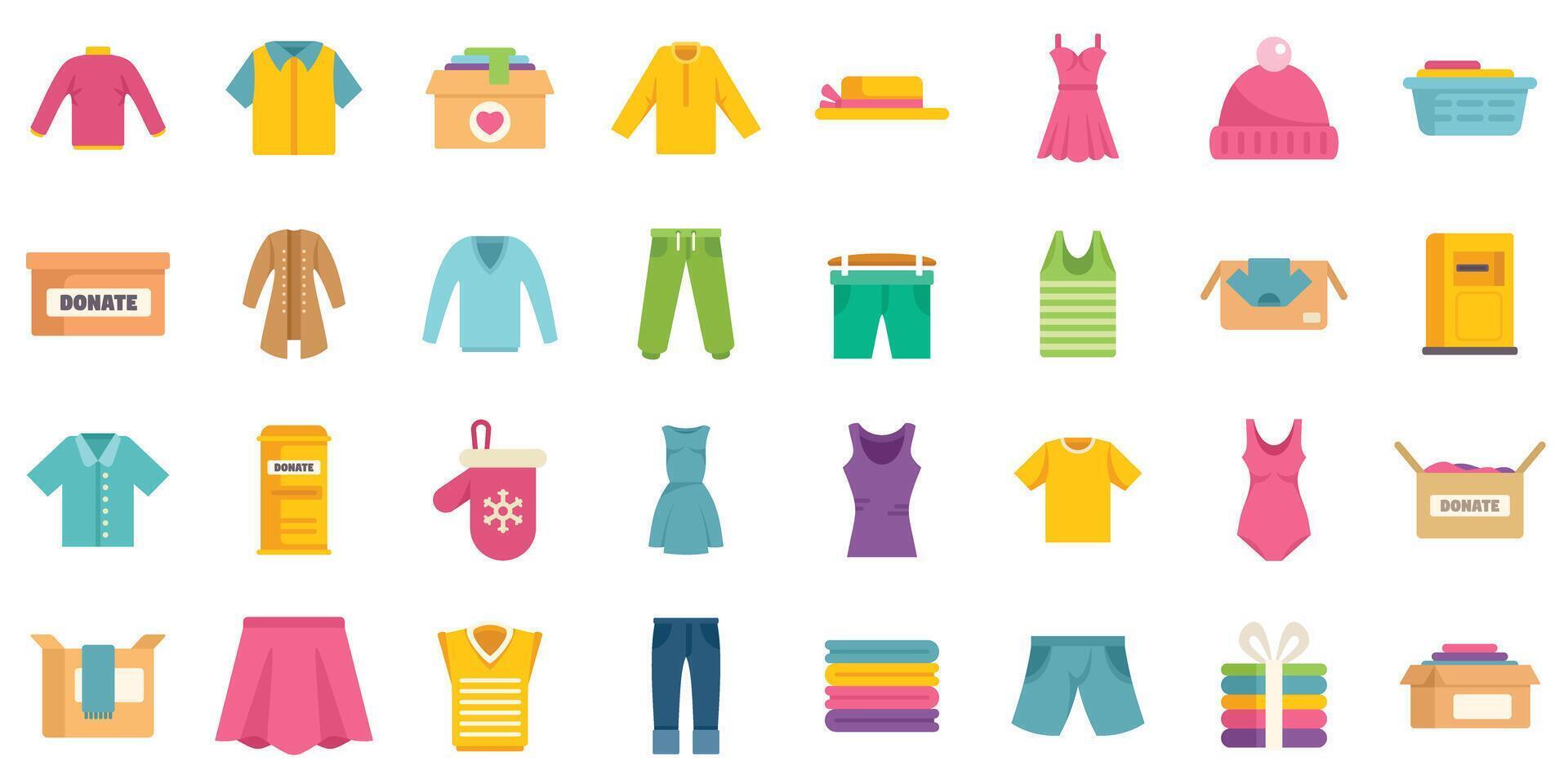 Clothes donation, humanitarian aid and charity concept. Different clothing for donation in flat style vector