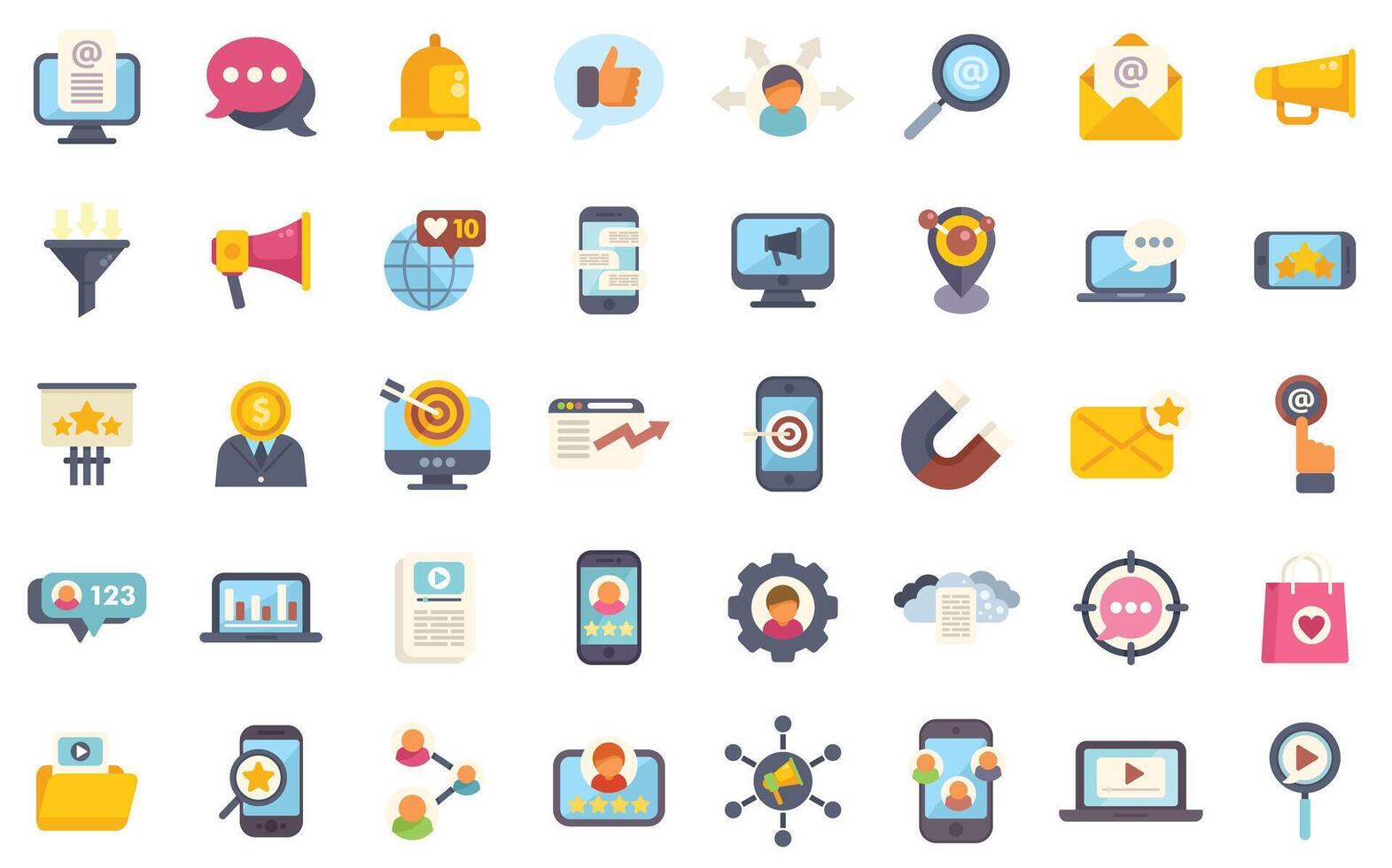 Collection of flat design icons representing different aspects of digital marketing, social media and online business promotion vector