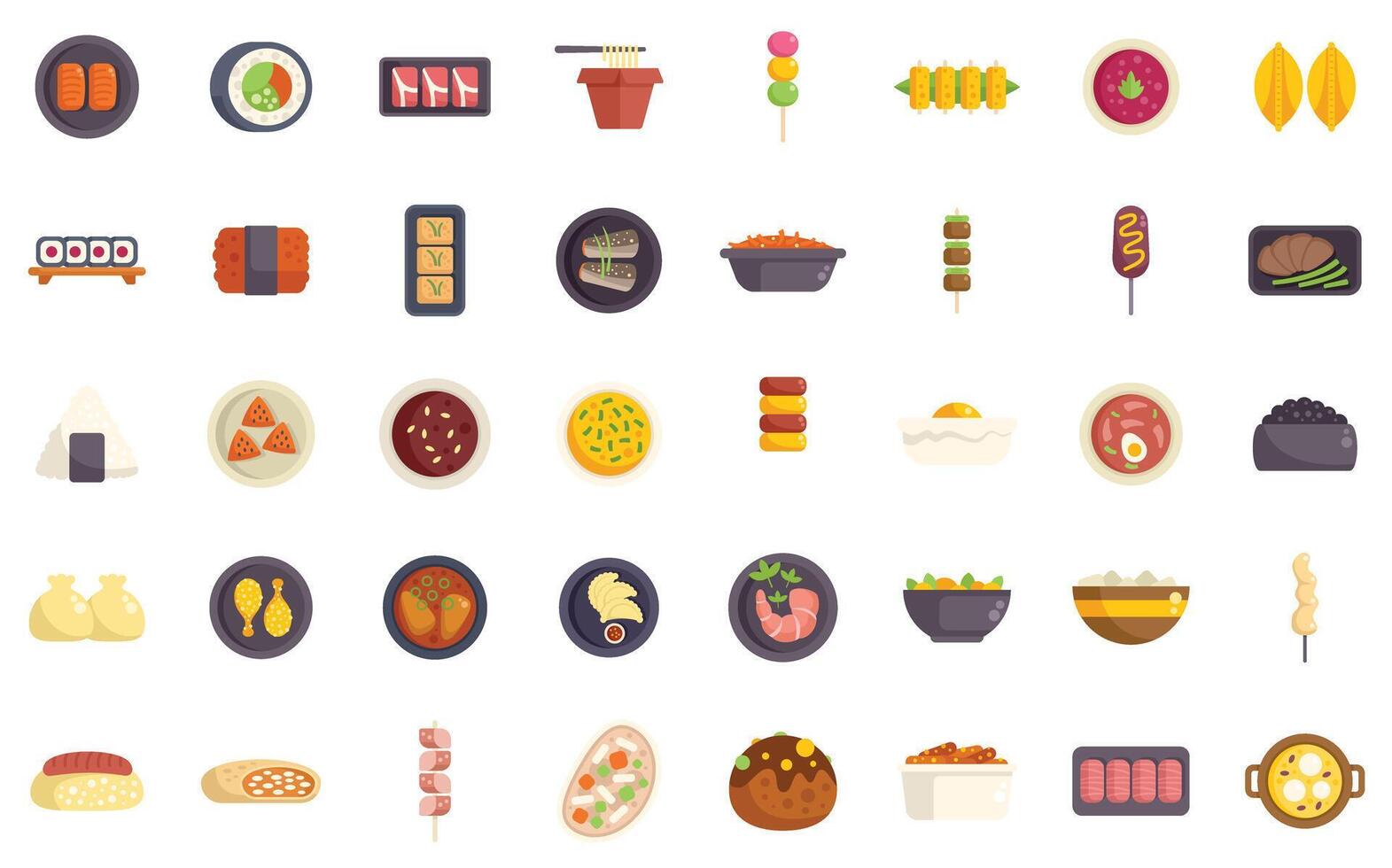Asian food menu from japan korea and china presenting various dishes in colorful flat style vector