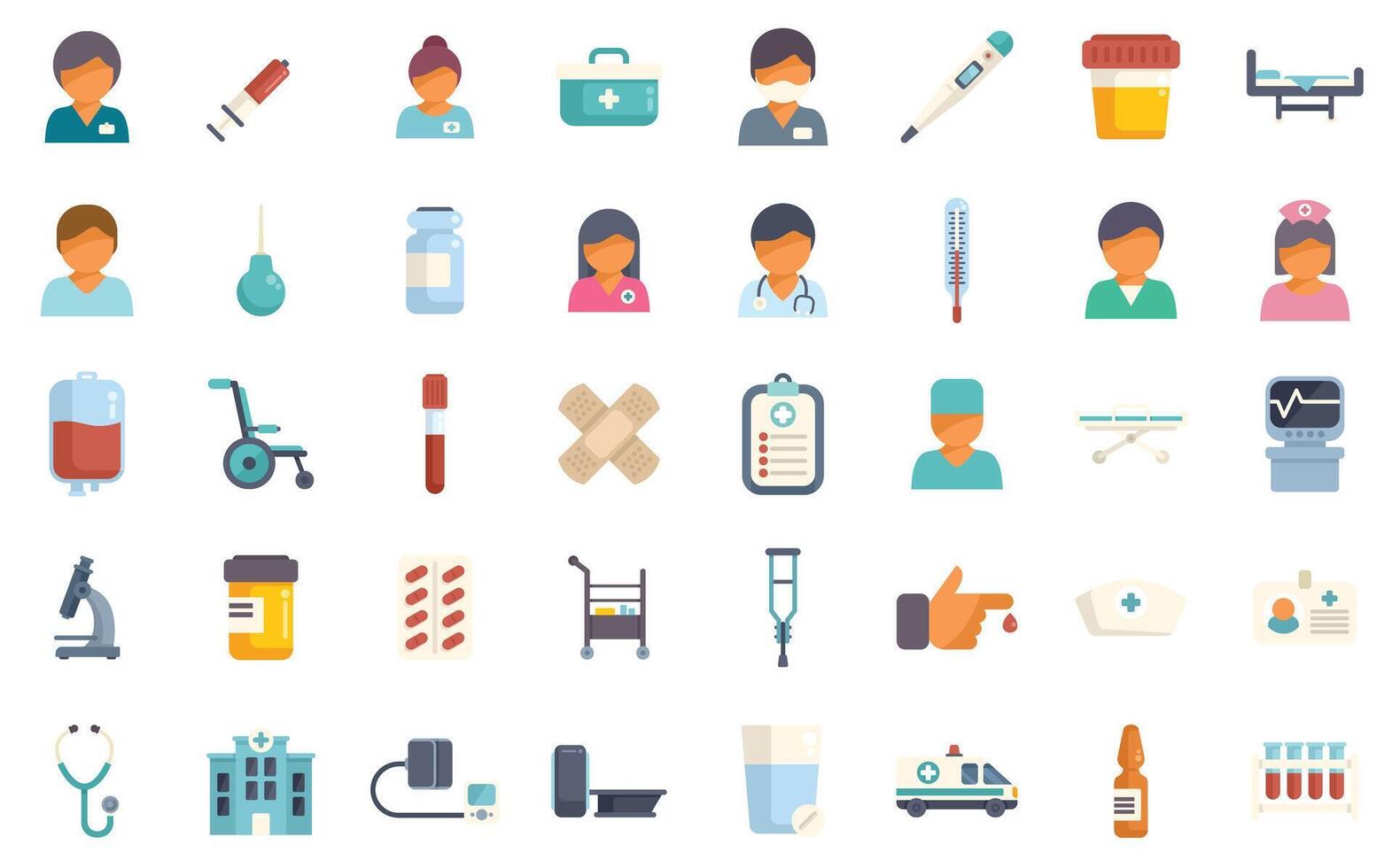 Medical staff performing checkup using medical equipment and tools icon set vector