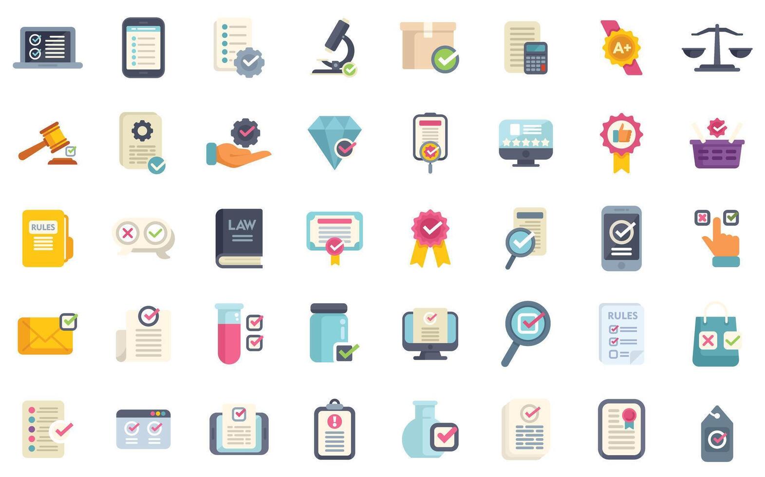 Quality control icons showing validation, verification, quality assurance, and standard compliance vector