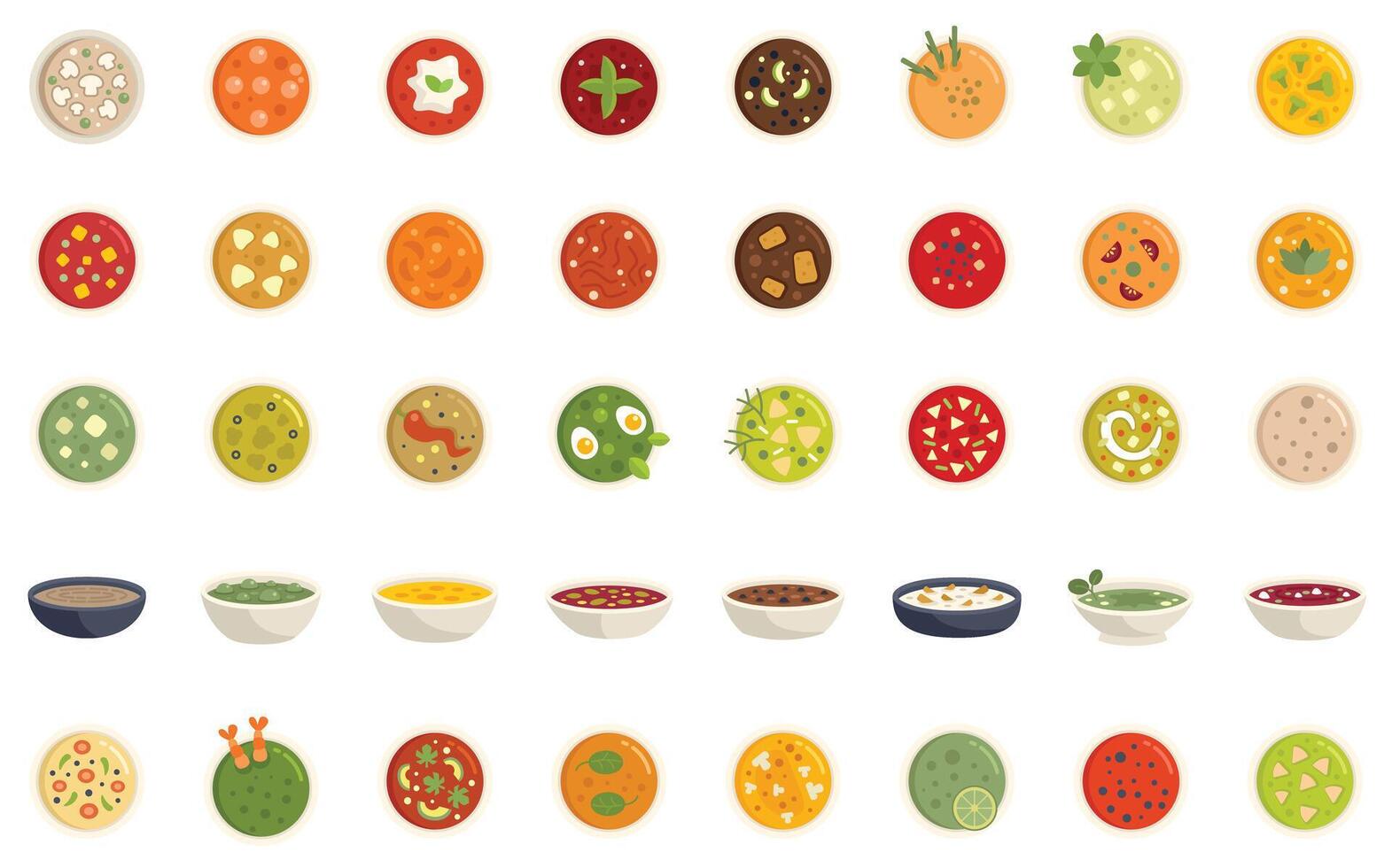 Soup in plates and bowls icons set featuring a variety of flavors and ingredients vector