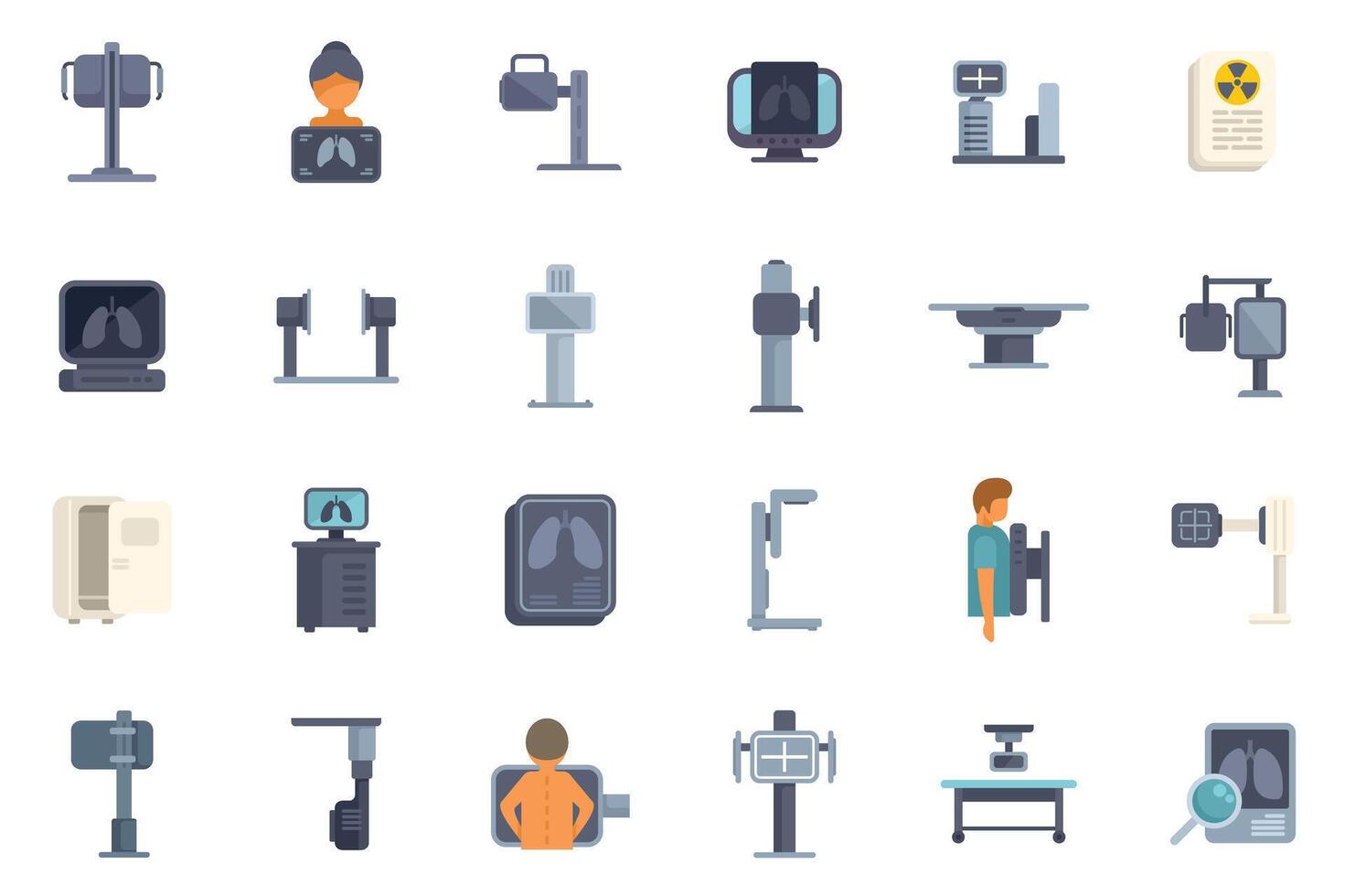 Patients undergoing x ray examination in hospital radiology department icon set vector