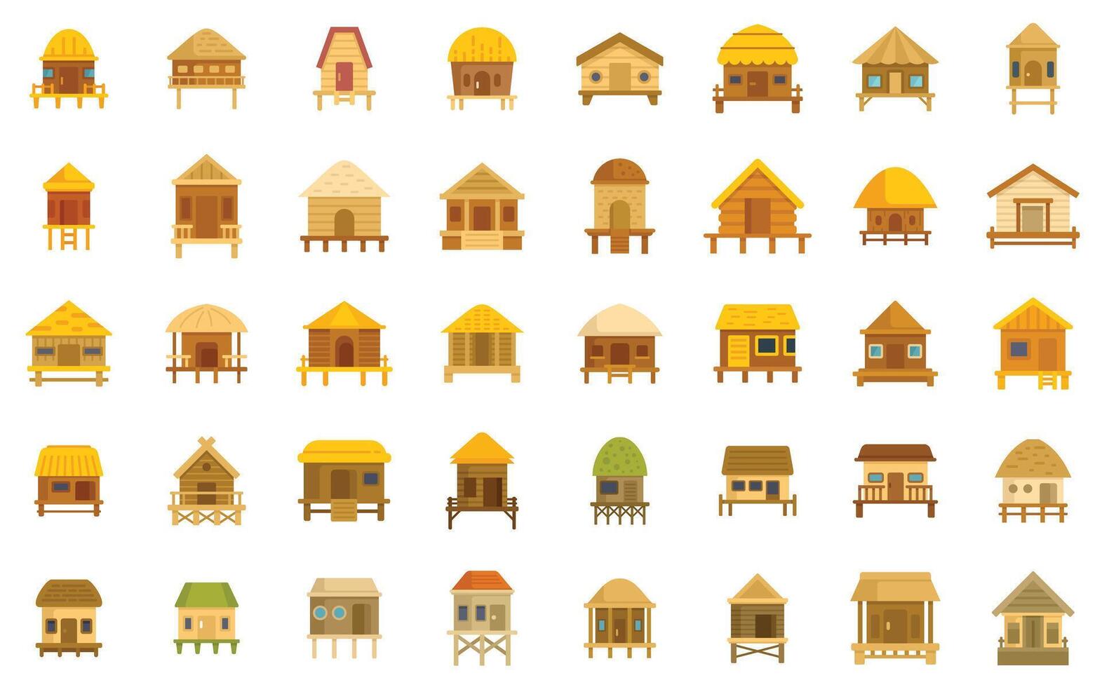 This set of bungalow house icons shows a variety of styles of traditional asian architecture vector