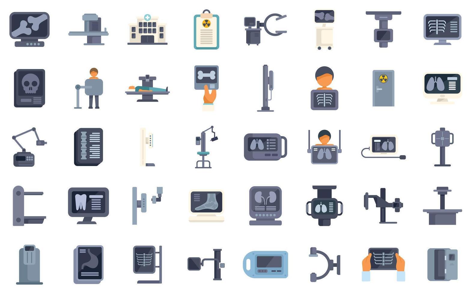 Radiologist using xray machine for medical exam icons set vector