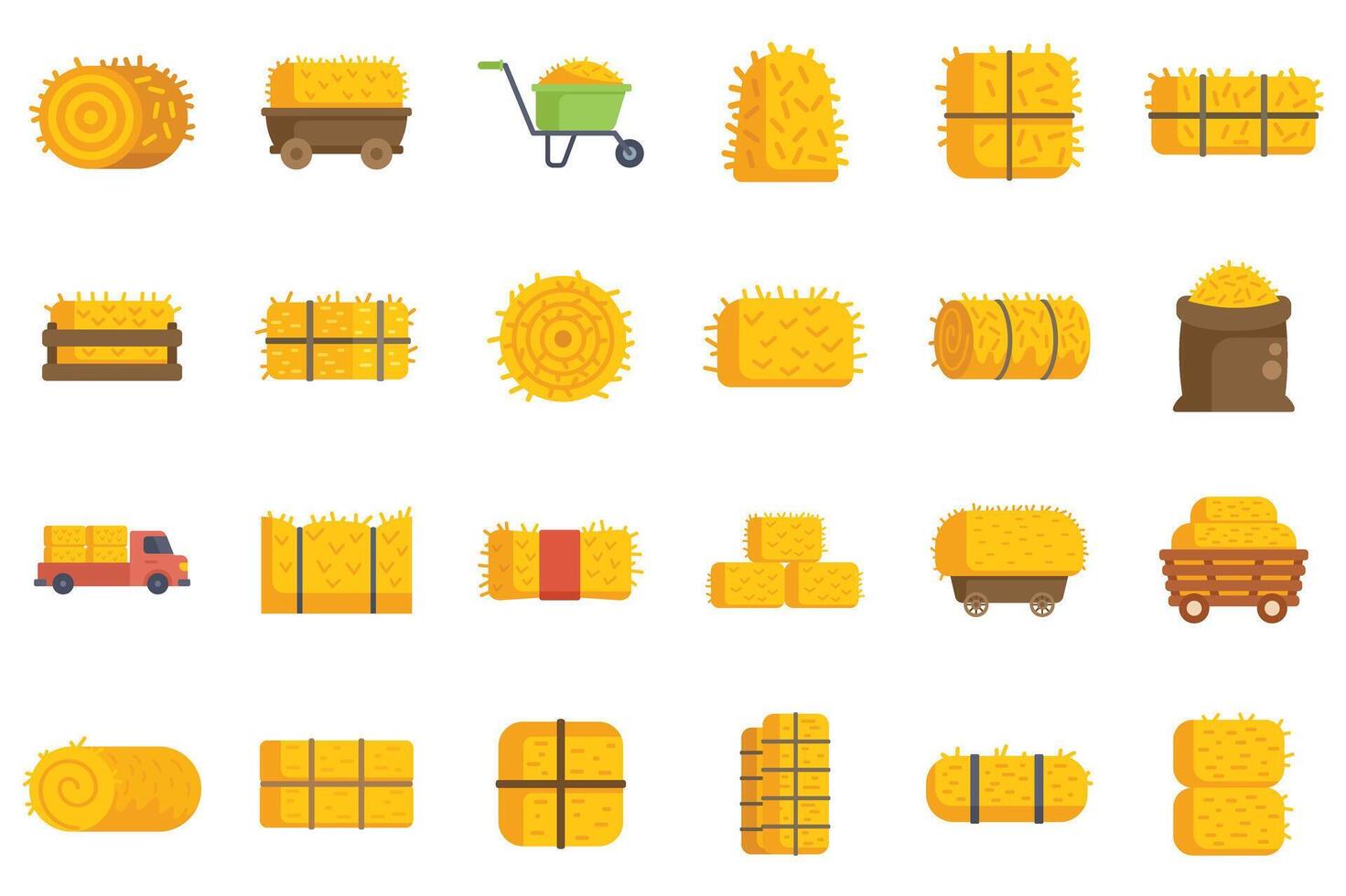 Hay bale harvesting storing and transporting flat icon set vector