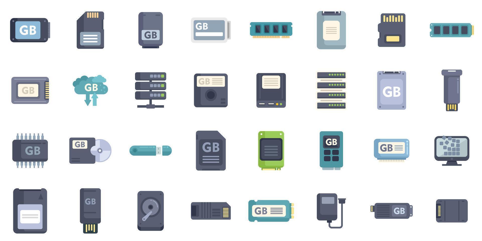 Computer storage devices and data transfer icons showing gigabyte capacity vector