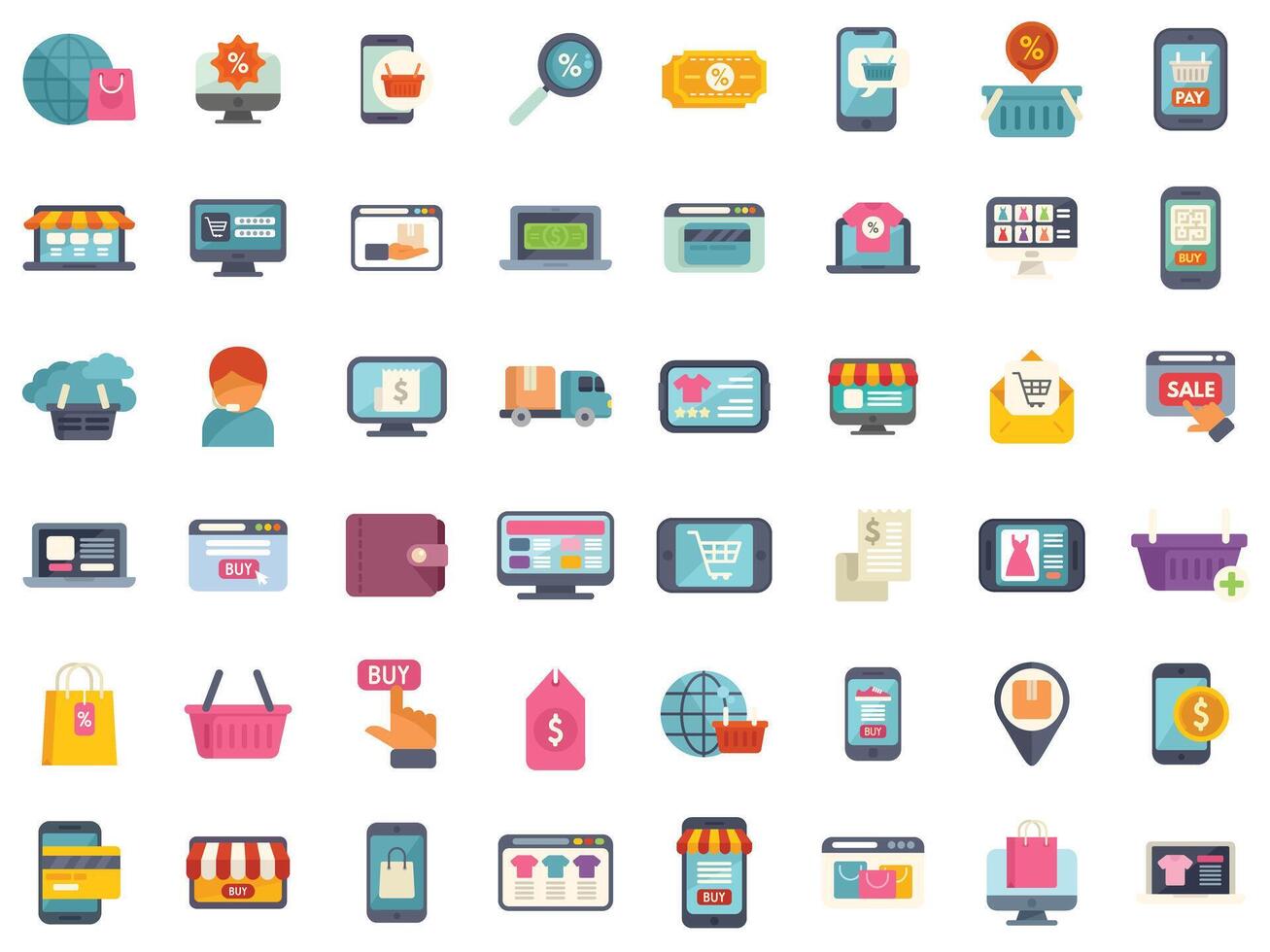 Big set of colorful online shopping icons featuring common ecommerce concepts vector