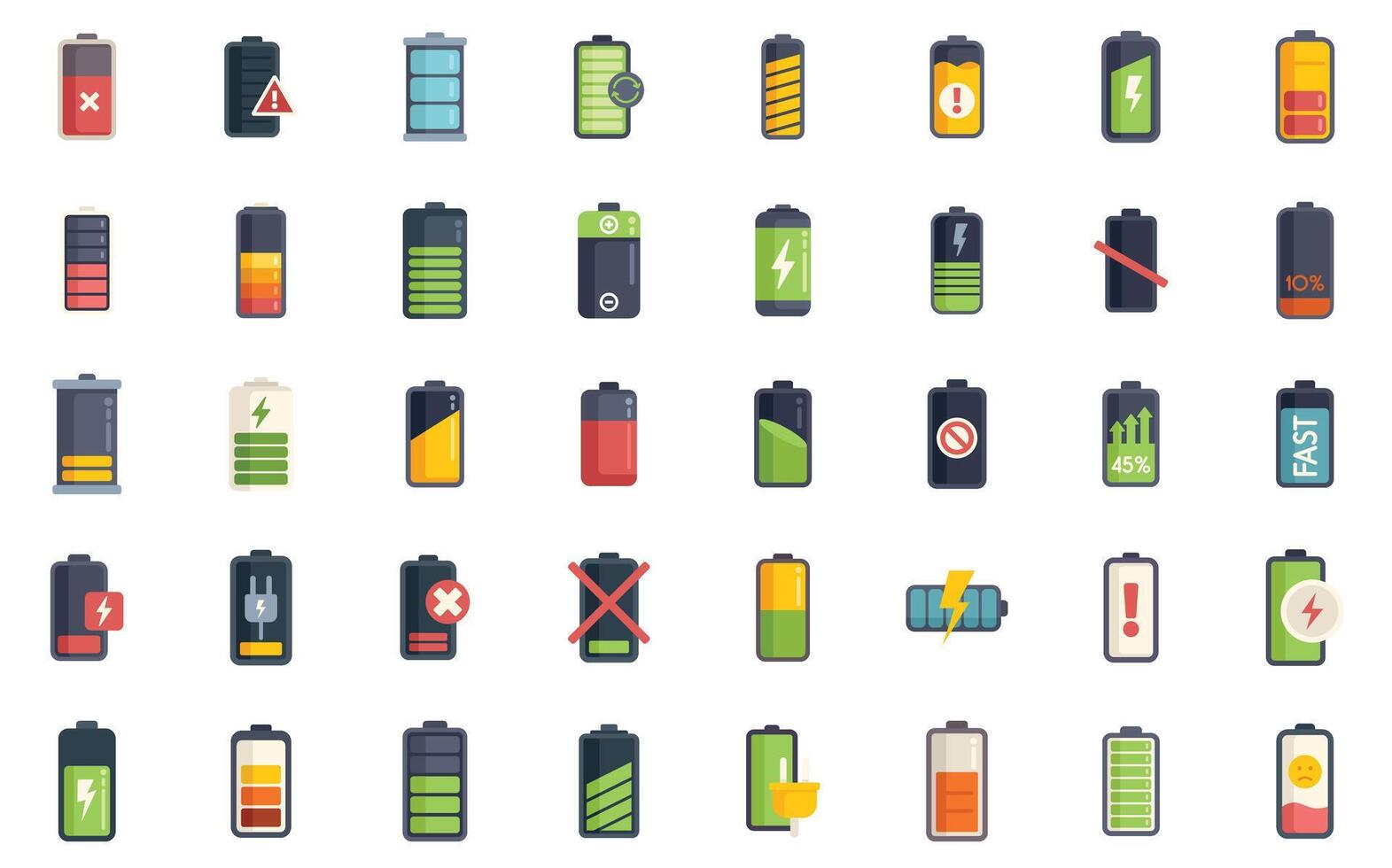 Set of battery charging icons showing various battery levels and status indicators vector