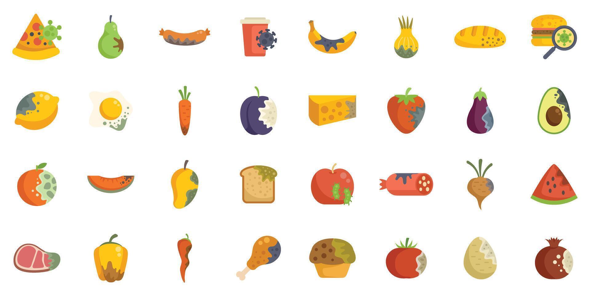 Set of food poisoning icons showing expired products with mold and viruses vector