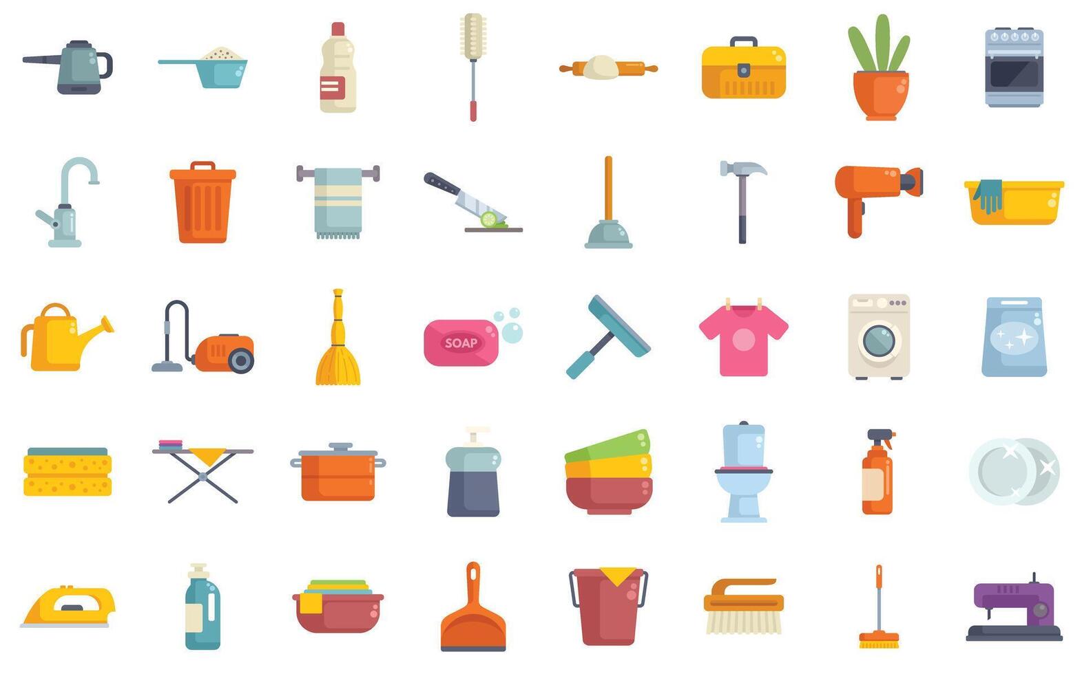 Cleaning tools and housekeeping appliances for perfect housework routine vector