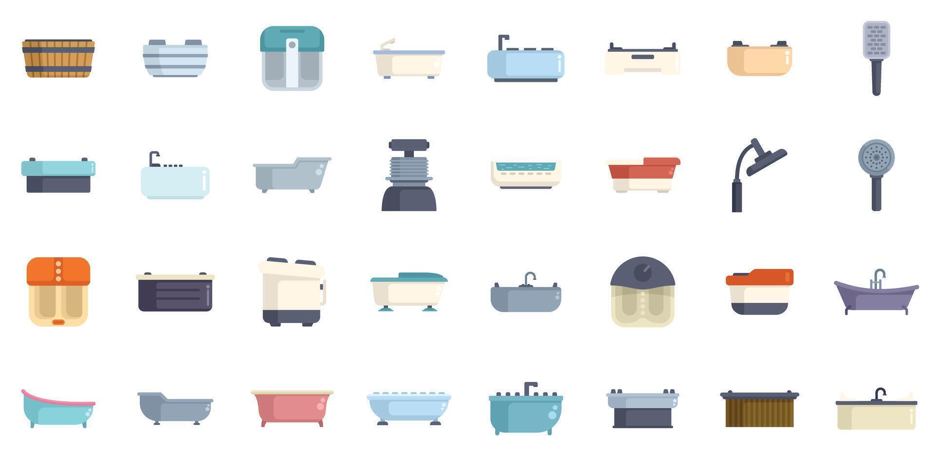 Set of bathtubs showing different designs and purposes for washing and relaxing vector