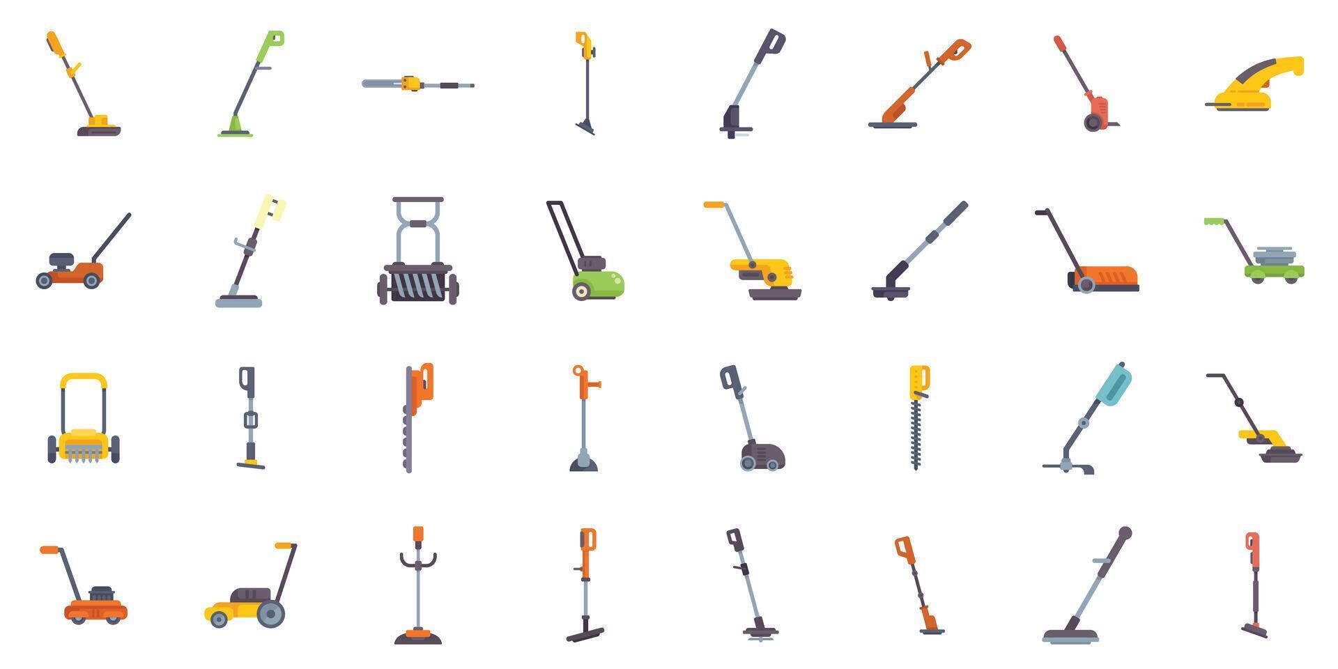 Various gardening power tools are standing and lying on a white background vector