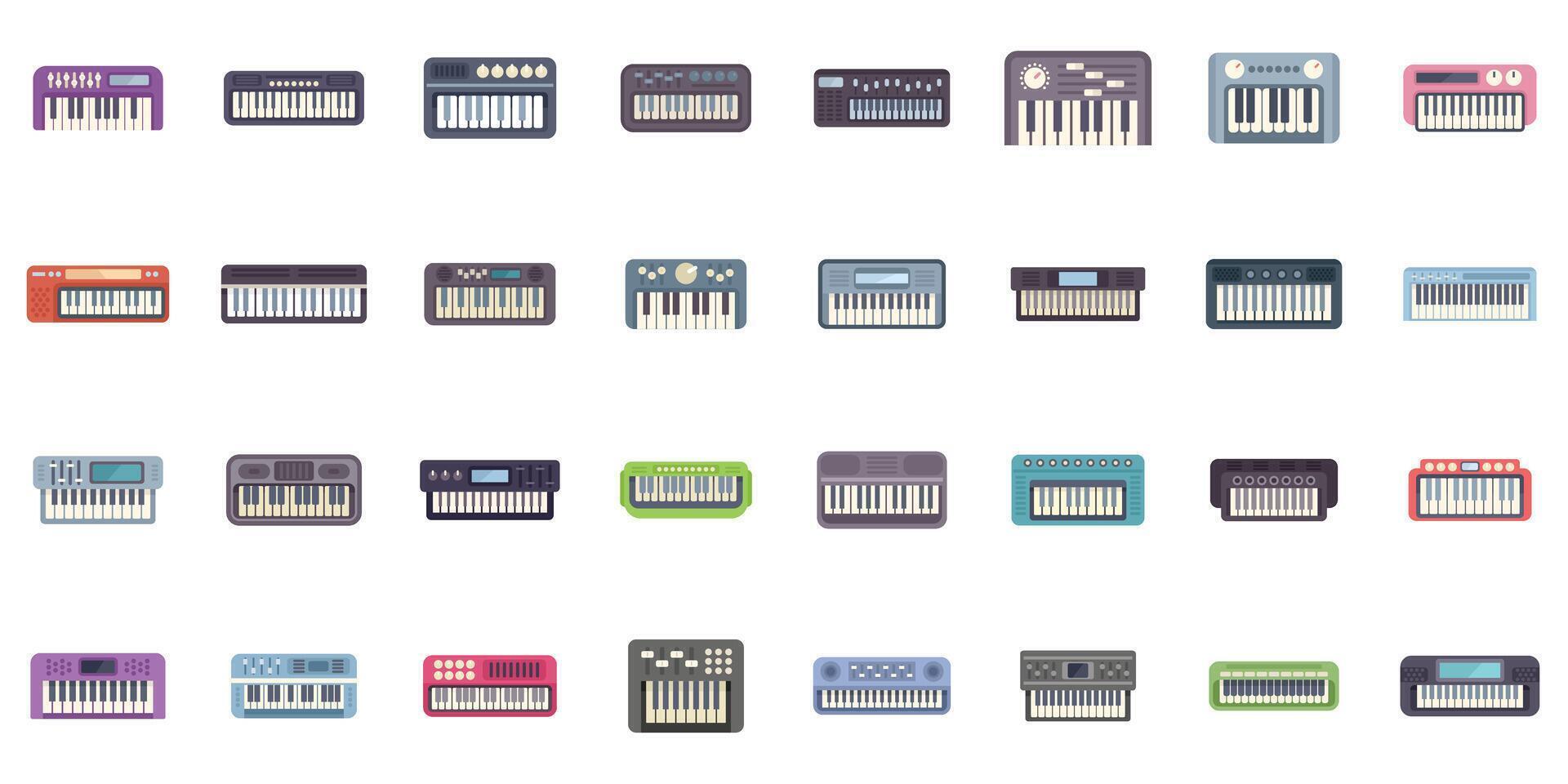 Set of synthesizer icons showing different types of electronic keyboards for music production vector