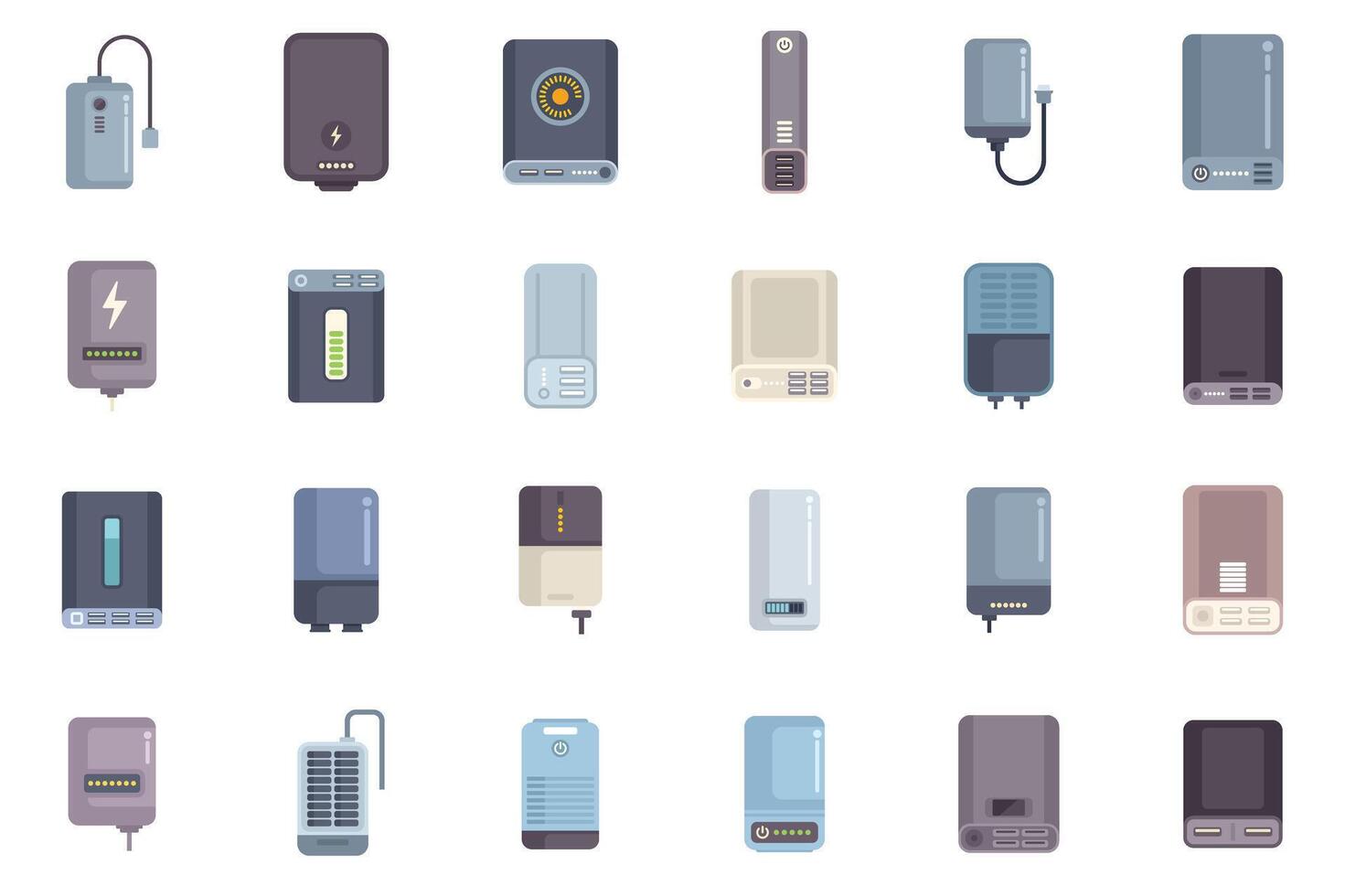 Large set of power bank icons showing various battery levels vector