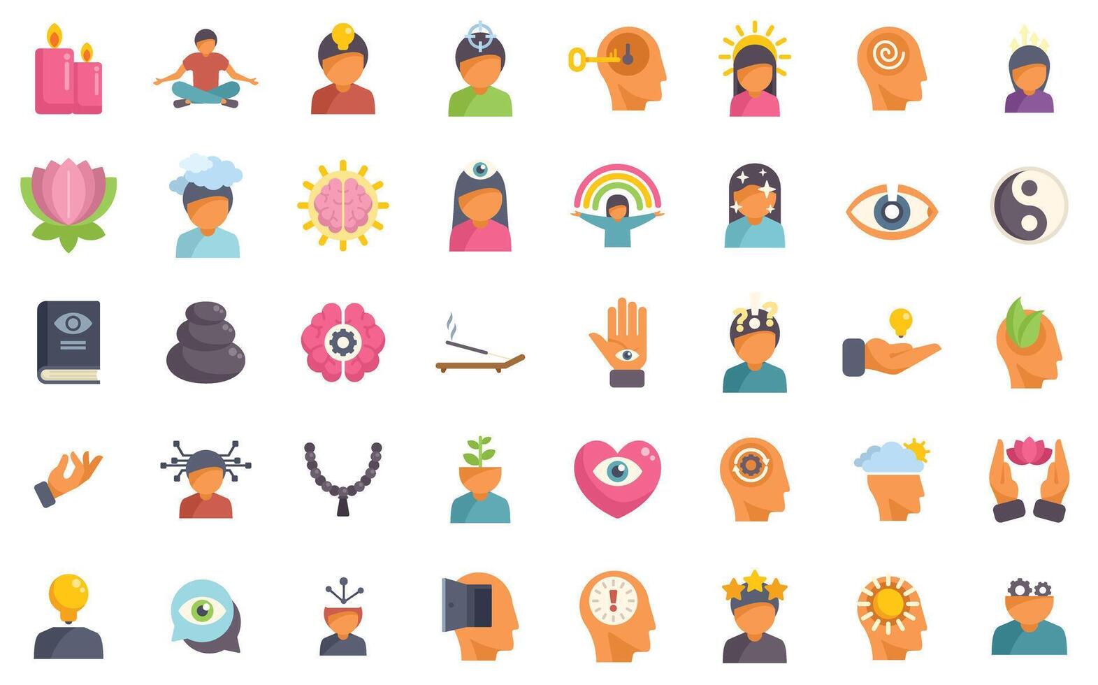 People meditating and practicing mindfulness for mental health and spiritual growth icon set vector