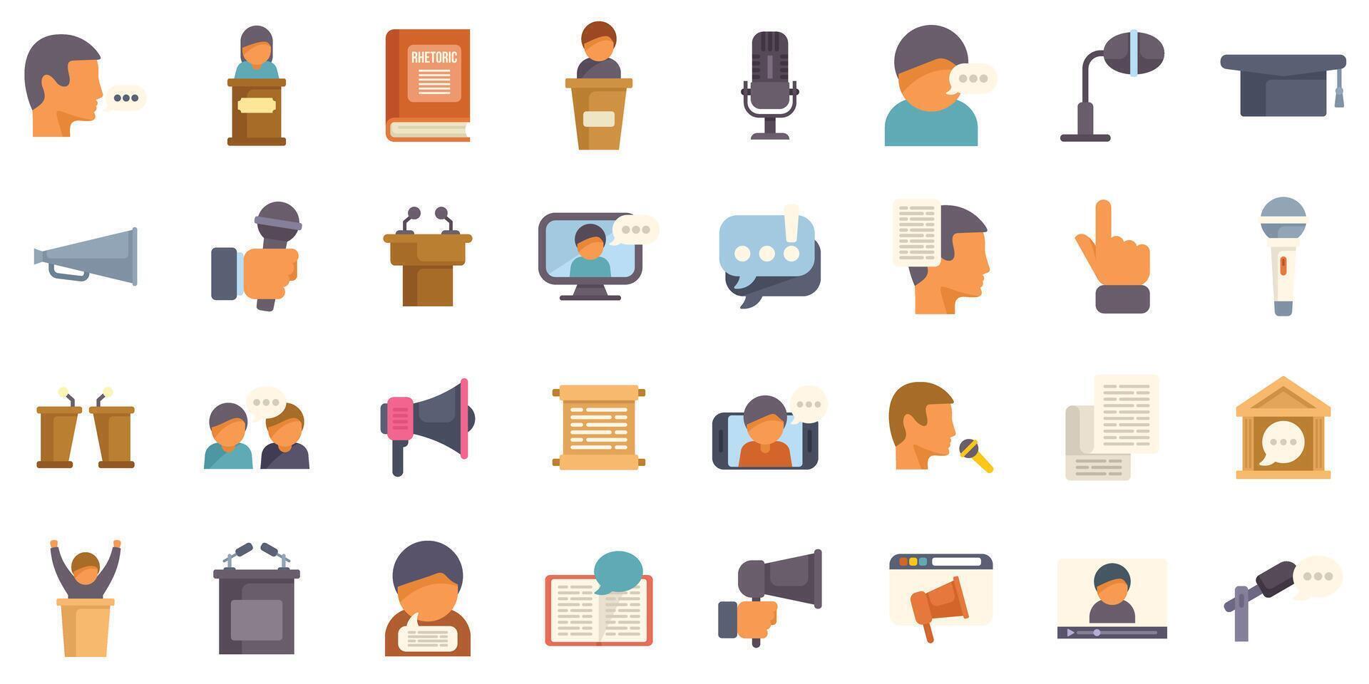 People giving public speech from tribune with microphone, online conference, rhetoric icons set vector