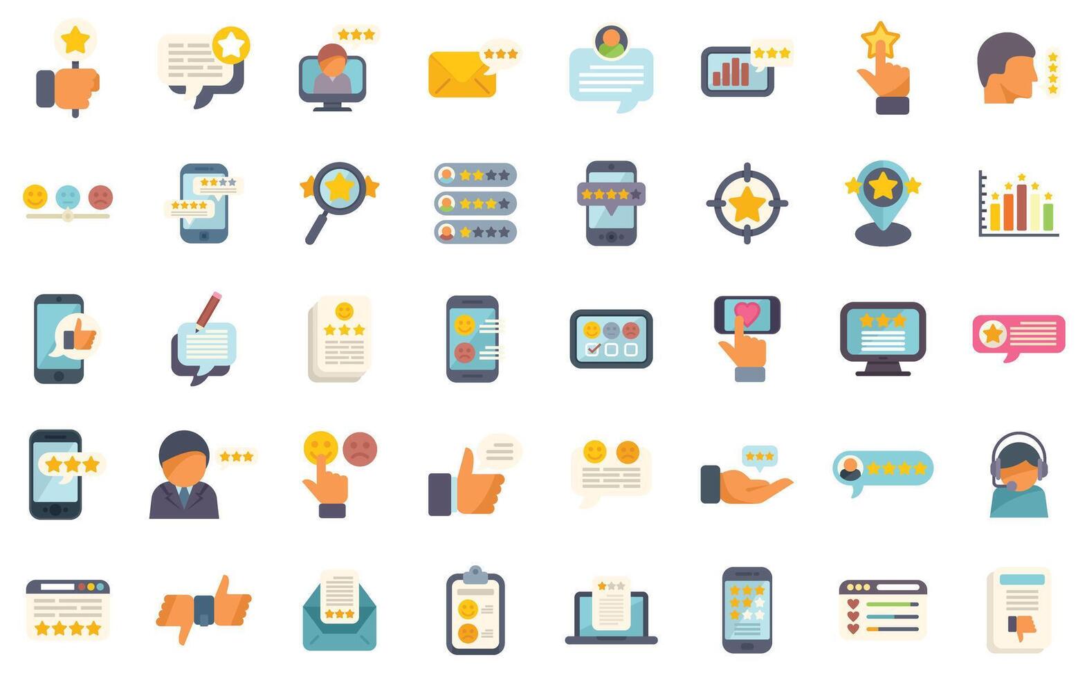 People leaving feedback and rating experience using different devices icons set vector