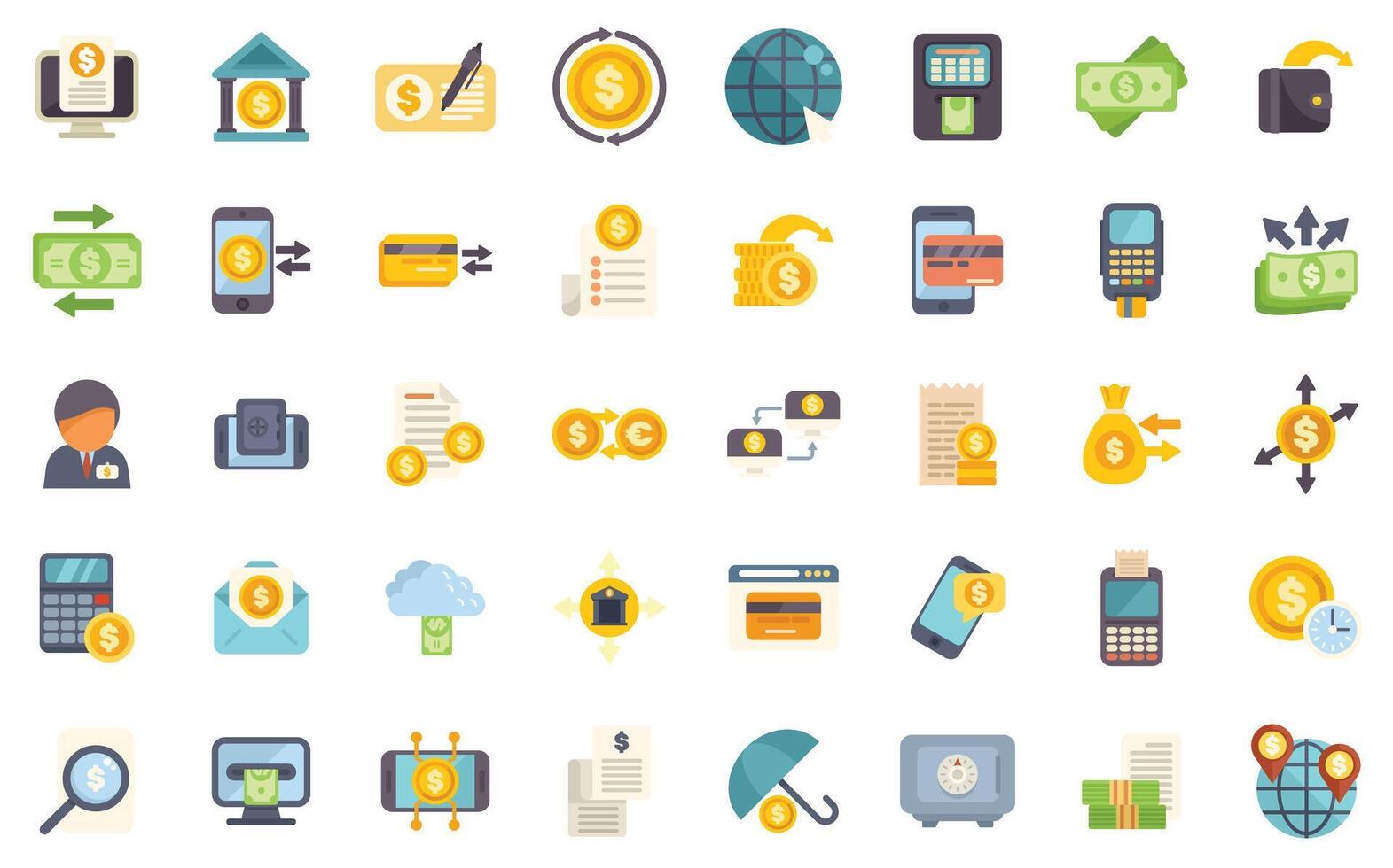 Money transaction icon set featuring various payment methods and financial activities vector