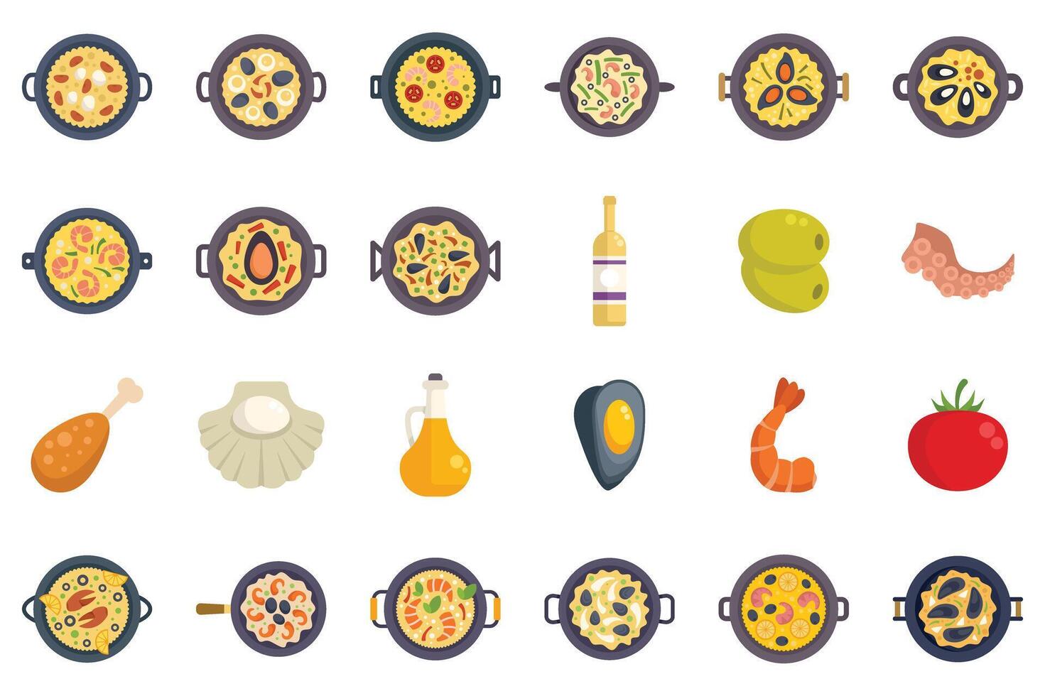 Spanish cuisine with traditional paella and ingredients for cooking top view flat vector icon set