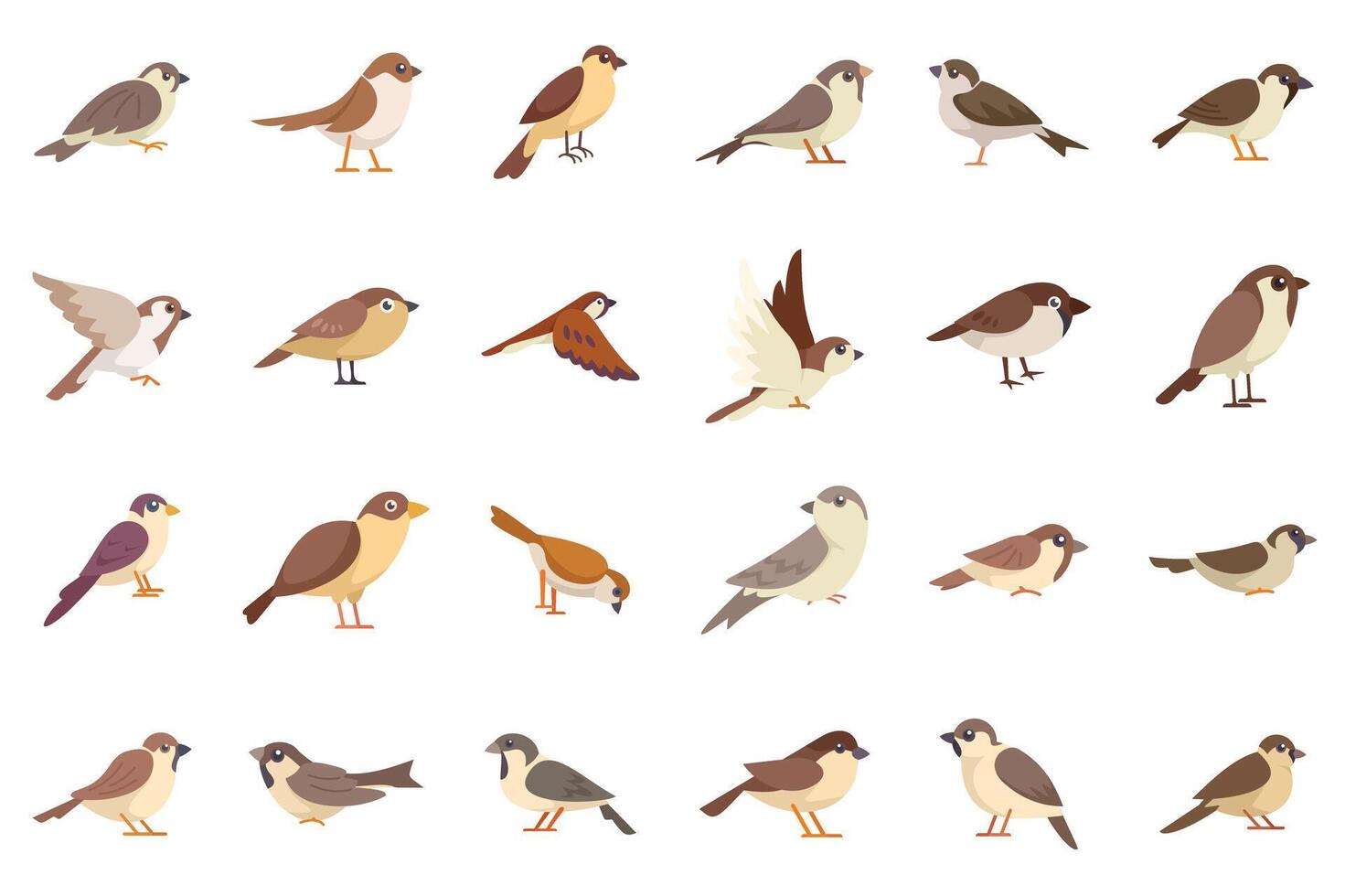 Collection of sparrows perching, flying and pecking vector