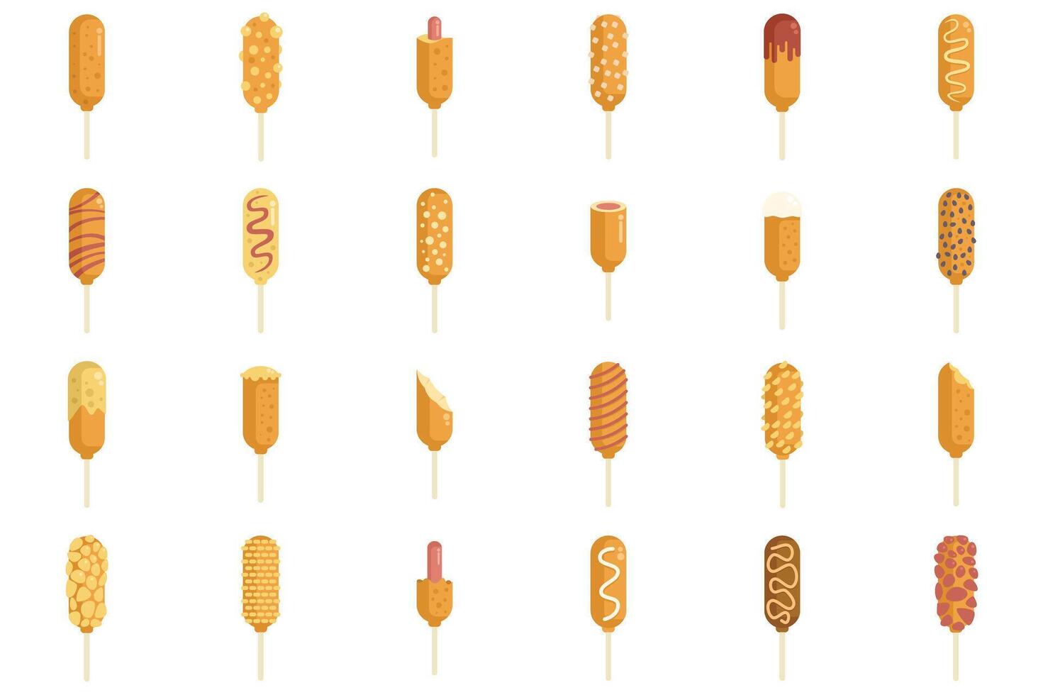 Set of corn dog icons showing different toppings and bites vector