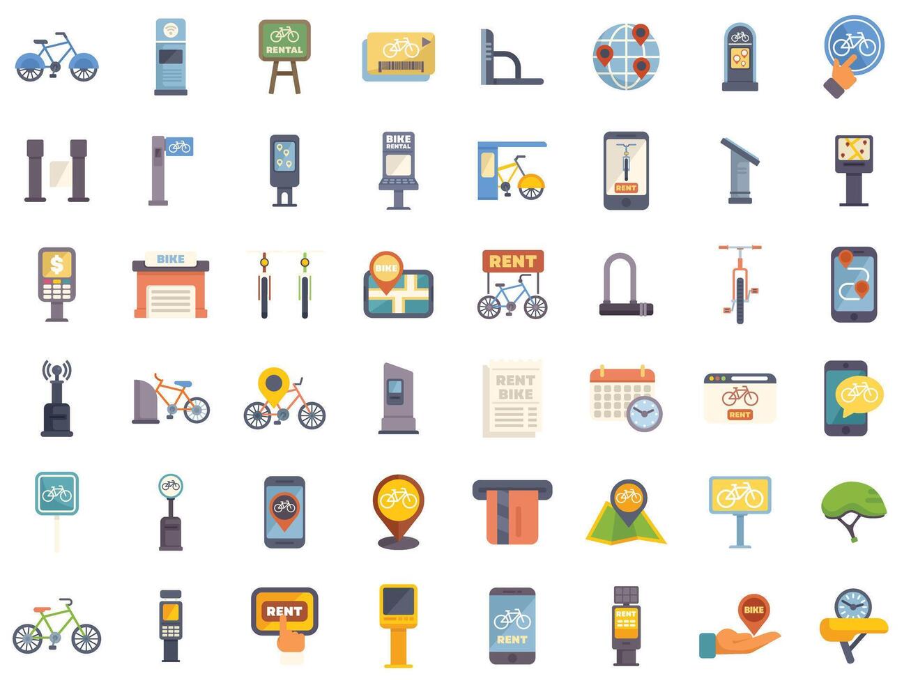 Bike rental service sharing system using mobile app for urban people icons set vector